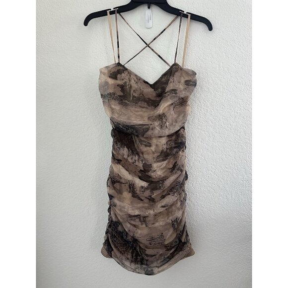 Windsor Lace-up Back Mini Dress M Taupe Abstract Ruched Side/Back 90s Y2K Party - Picture 1 of 14